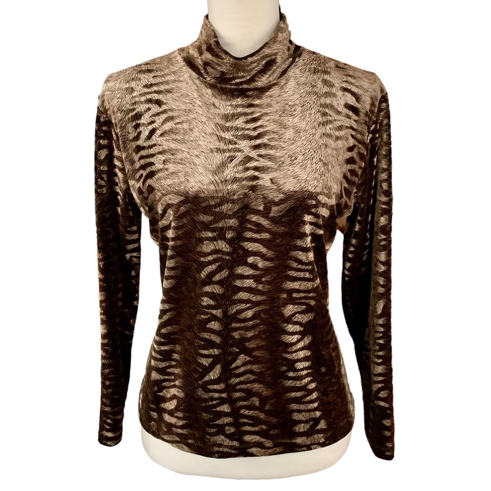 Vintage 90s 00s y2k Velvet Mock Neck Animal Print Long Sleeve Shirt Size Large